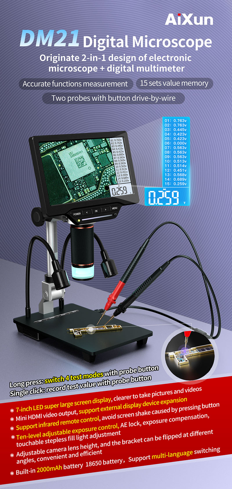 33649 - MICROSCOPIO DIGITALE AIXUN DM21 CON MULTIMETRO - AiXun - DM21